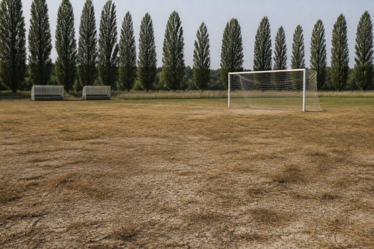 Verdroogd voetbalveld met bruine kale plekken en een doel bij een populierenrij